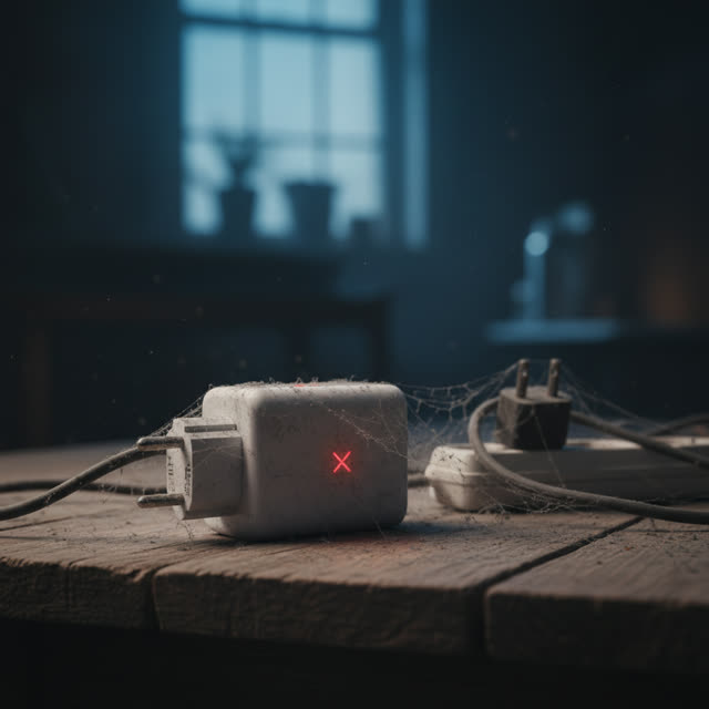 Dead smart device with red error light, covered in dust